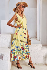 Ärmelloses Kleid mit V-Ausschnitt und Schmetterlingsdruck